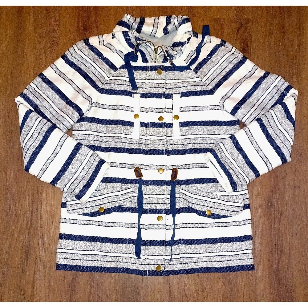 Ann Taylor LOFT Navy White Striped Utility Field Jacket XS Funnel Neck Nautical